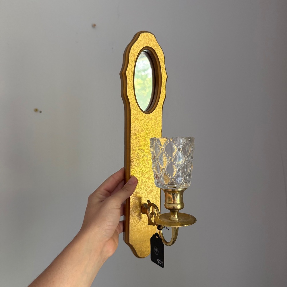 Vintage Gold Mirror Wall Sconce Brass Candle Holder Quilted Glass Peg Votive